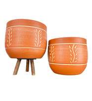 Bitki Tasarımı Ev Dekorasyon Nakış Desenli Toprak Saksı Saksılık Salon Çiçeklik İkili Set Ayaksız - 3 Ayaklı- 19 CM