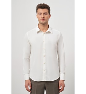 Açık Krem Uzun Kol Kendinden Desenli Armürlü 041 Sert Yaka Classic Comfort Fit Gömlek 1004245154