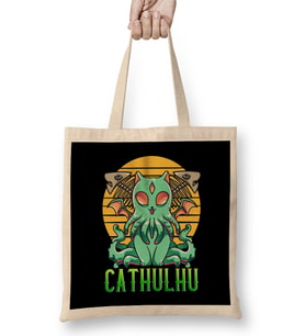 Kawaii Cathulhu Cute Cat Cthulhu Pun Kitty Kraken Bez Çanta Uzun Saplı