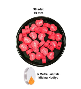 90 Adet 10 mm Polimer Kil Fimo Boncuk Takı Bileklik + 5 Metre Lastikli Misina Hediye - Kalp Love
