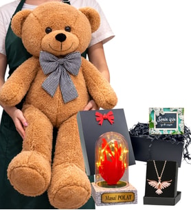 Kahve Büyük Boy Peluş Ayıcık, Size Özel Işıklı Fanus ve Anka Kuşu Kolye (Model 7)