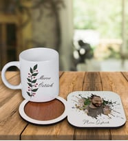 Kişiye Özel Tasarım Kupa Bardak Ve Fotoğraflı Ahşap Bardak Altlığı 99205 (Krem)