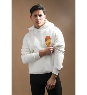 Regular Fit Kapşonlu 3 İplik Kalın İçi Polarlı Kangru Cepli Baskılı Erkek Sweatshirt (Beyaz)