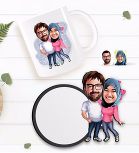 BK Gift Kişiye Özel Sevgililer Karikatürlü Beyaz Kupa ve Ahşap Bardak Altlığı Hediye Seti-58