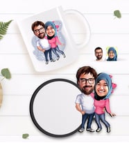 BK Gift Kişiye Özel Sevgililer Karikatürlü Beyaz Kupa ve Ahşap Bardak Altlığı Hediye Seti-58
