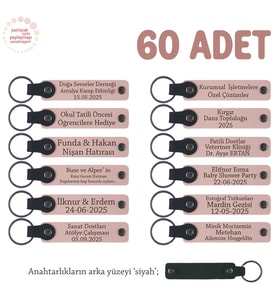 Okul Ekibine Veda Hediyesi, 60'lı Set, İsim Yazılabilir Hatıra Deri Anahtarlık, Pudra & Siyah