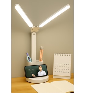 Çift LED Şarjlı Masa Lambası, Ayarlanabilir Telefon Tutucu ve Kalemlikli (Krem)