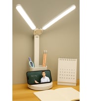 Çift LED Şarjlı Masa Lambası, Ayarlanabilir Telefon Tutucu ve Kalemlikli (Krem)