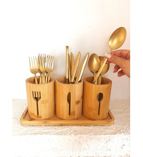 Bambu Altlıklı 3'lü Çatal Kaşık Bıçak Düzenleyici Set 4 Parça