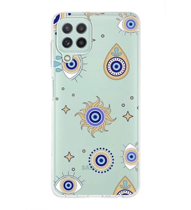 PrintiFy Samsung Galaxy M22 ile Uyumlu 1mm Slim Fit Nazar Boncuğu 5 Baskılı Şeffaf  Kılıf