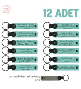 Sınıf Öğretmeninden Özel Mesajlı Karne Hatırası Anahtarlık 12’li Set Miniklere Hediye, Turkuaz & Gri