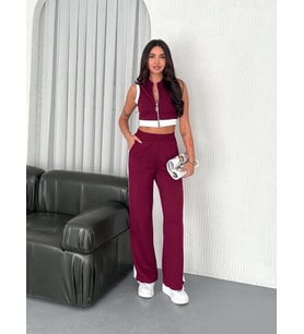 Osy Modal Yumuşak Dokulu Kumaş Tam Fermuarlı Crop Pantalon İkili Takım - Bordo