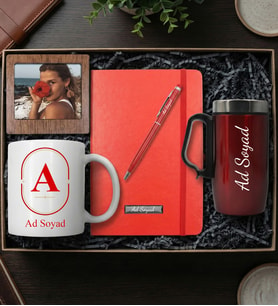 Fotoğraflı Kişisel Hediye Kutusu (Kişiye Özel Fotoğraflı Çerçeve & Bardak Termos & Defter & Touchpen & Kupa Bardak Hediye Seti) (Kırmızı)