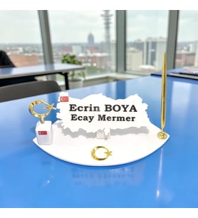 Sümen Ofis Doğal Beyaz Mermer İsimlik Haritalı Gold Tek Kalem ve Saat Metal Ay Yıldız