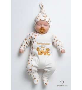 Babaannesinin Balı Yazılı Yenidoğan Bebek Tulum Şapka Set Arı Desenli %100Pamuk Çıtçıtlı Bebek Tulum (Ekru)