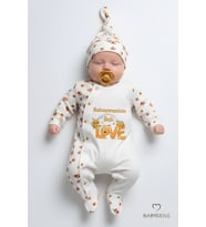 Babaannesinin Balı Yazılı Yenidoğan Bebek Tulum Şapka Set Arı Desenli %100Pamuk Çıtçıtlı Bebek Tulum (Ekru)
