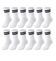 Unisex Beyaz Çorap Siyah Çizgili 12'li Set Uzun Soket Günlük Spor Kolej Stil Kadın Erkek Çorabı — Beyaz, 36-40