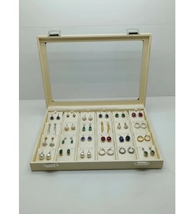 Yeni Cam Kapaklı Imera Deri Kumaş Krem Renk 34 Cm / 24 Cm 20 bölmeli Küpe Sergileme Standı