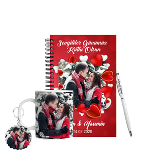 Sevgililer Gününe Özel Ahşap Defter Kalem Kupa & Süblimasyon Anahtarlık Hediye Seti