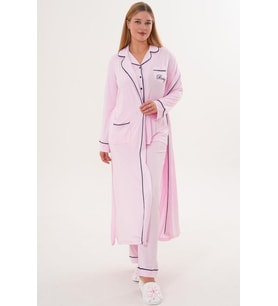Mecit 6333 Pembe Kadın Sabahlıklı Boydan Düğmeli Pijama Takımı
