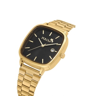 Polo Air Takvimli Dikdörtgen Kasa Hasır Metal Kordon Erkek Kol Saati Gold Siyah Renk PL-7085E6x