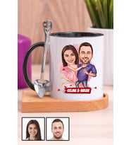 Sevgililere Romantik Hediye Karikatürlü Ahşap Altlıklı Siyah Kupa Bardak