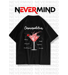 Kadın Oversize Pamuk Tişört - Cosmopolitan Kokteyl Desenli (Siyah)