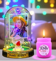 Size Özel Renkli Led Işıklı Fanus ve Kokulu Mum Hediye Seti (Model 4)