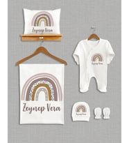 Bebeqon Kişiye Özel İsimli 5'li Organik Hastane Çıkışı Tulum Battaniye Yastık Seti