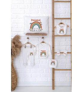 Pia Baby Premium %100 Pamuk İsme Özel Bebek Hediye Seti Zıbın Yastık Kılıfı 5076-06 (Ekru)