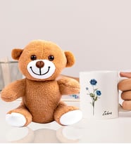 Kişiye Özel 25cm Peluş Ayıcık Ve Gül Ve İsim Tasarımlı Beyaz Kupa