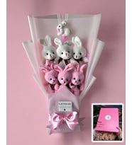 Minnoş Pembe Beyaz Peluş Tavşanlar Ayıcık Buketi