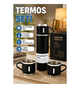 500 ml Paslanmaz Çelik Termos Seti – 2 Bardaklı, Hediye Kutulu Isı Korumalı Termos