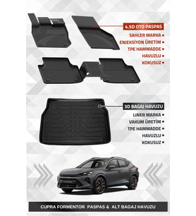 Sahler Cupra Formentor Mild Hybrid 2024+ Uyumlu 4.5D Premium Havuzlu Oto Paspas ve Liner Marka 3D ALT Bagaj Havuzu