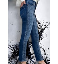TAŞ İŞLEMELİ FUL LİKRALI MOM JEANS KADIN KOT PANTOLON (Mavi)