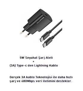 Realpower 25W Seyahat Şarj Aleti Type-C + (3A) Type-c den Lightning Kablo
