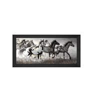 Yağlı Boya Vahşi Atlar Motifli Kanvas Tablo 80 x 110 cm Siyah Çerçeve