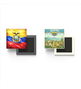Buzdolap Magnetleri - Ekvador Bayrağı ve Quito Retro Tema - 2'li Set Magneti