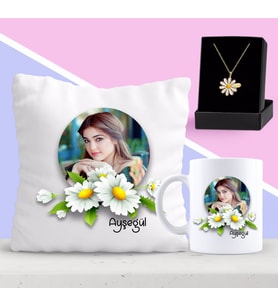 BK Gift Kişiye Özel Papatya Temalı Fotoğraflı Yastık Kupa ve Papatya Kolye Seti 4 (Model 1)