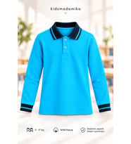 Unisex Çocuk Uzun Kollu Polo Yaka %100 Pamuk Pike Okul Tişörtü 5-17 Yaş Turkuaz