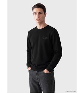 LCWAIKIKI Classic Siyah Bisiklet Yaka Baskılı Erkek Kalın Sweatshirt