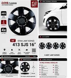 Renault Uyumlu 16 Inc Kırılmaz Parlak Siyah Jant Kapağı 1 Takım 4 Adet No:413
