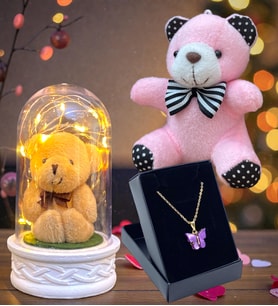 Özel Tasarım Kelebek Kolye, Peluş Anahtarlık ve Led Işıklı Fanus Hediye Seti (Model 6)