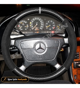 Mercedes E W124 Dikme Direksiyon Kılıfı Alcantara Süet Mat Karbon Gri Yüzük ve Dikiş 4 Kollu-Geniş Kare-Tuşsuz 1993-1995
