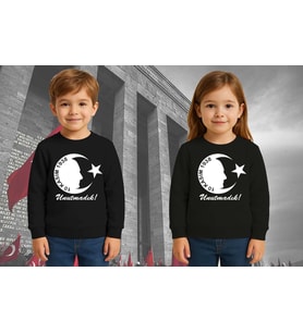 Unisex Ay Yıldızlı 19 Mayıs 29 Ekim 23 Nisan 10 Kasım Atatürk Çocuk 3 İplik Şardonlu Sweatshirt (Siyah)