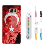 Samsung S7 Edge S20 Fe Plus Ultra S21 S22 Kılıf Kablo Koruma Spiral Silikon Şanlı Türk Bayrağı 1315