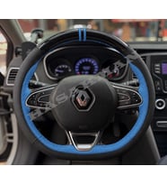 Renault Megane 4 Dikme Direksiyon Kılıfı Parlak Siyah Mavi Detaylı Mavi Çift Yüzük ve Dikiş 2016-2024