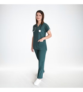 Unisex Ördekbaşı Yeşili Esnek  Likralı  Scrubs Cerrahi Üniforma Doktor Hemşire Takımı