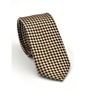 Kahverengi Piti Kare Desenli Bej Dokuma Kumaş Mendilli Slim Fit Kravat // SDK-2503-5
