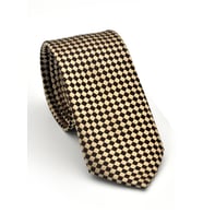 Kahverengi Piti Kare Desenli Bej Dokuma Kumaş Mendilli Slim Fit Kravat // SDK-2503-5